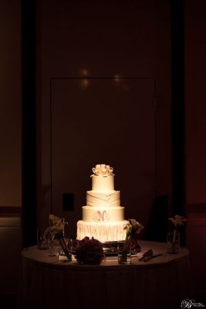 A white wedding cake is lit up and everything else around it is dark. The initial N is in pink writing in the center.