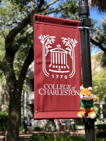 A maroon flag that reads college of charleston is attached to a black pole. Treese are in the background and a small stuff fox sits next to the flag.