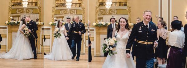 A series of three images of a bride and groom at the altar.