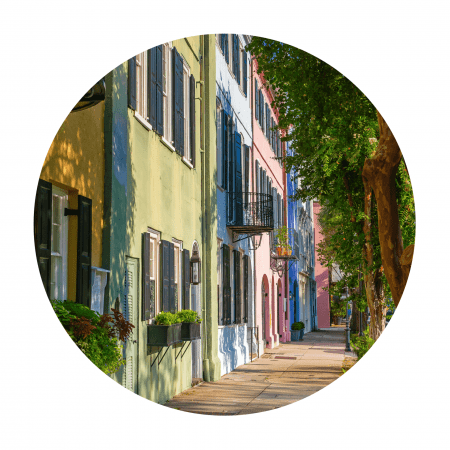 A row of houses that are multiple colors are to the left hand side. A side walk and a row of trees sit next to them.