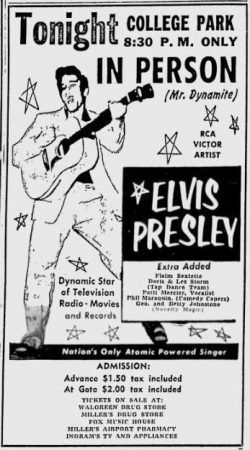 A newspaper clipping of an advertisement reads Tonight college park 8:30pm only in person (Mr. Dynamite) Elivs Presley'
