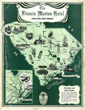 A green menu from 1956 that was used in the francis marion hotel. An image of the state of south Carolina with a variety of attractions drawn out is in the center.