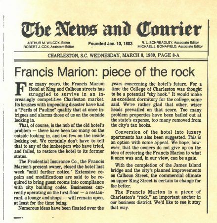 A news paper clipping from 1989 sates Francis Marion: piece of the rock,