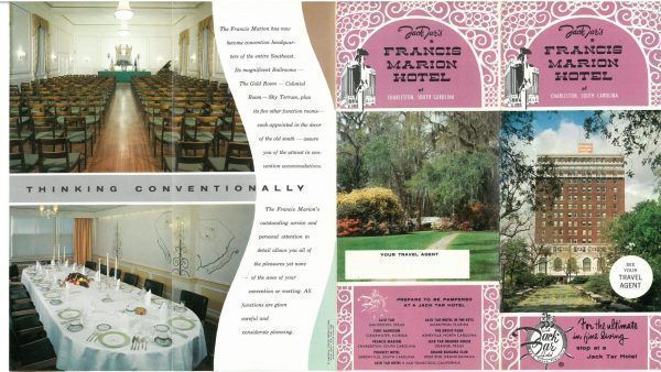 A brochure from 1956. The front page shoes the exterior of the hotel during a sunny dat, the back pages shows a garden with ayellow and red flowers. The inside pages show a ballroom with wooden floors and chairs lined up, on the bottom is a private dining space with the table set with white tablecloths.