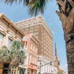A street view of the hotel. Palm trees line the street and the hotel is beaming with sunshine. A pink, white and yellow building sit next to the hotel