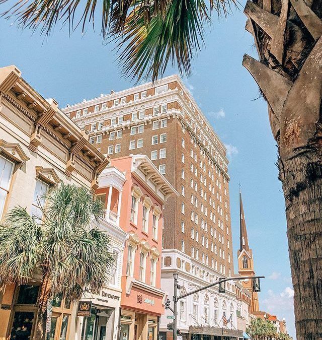 A street view of the hotel. Palm trees line the street and the hotel is beaming with sunshine. A pink, white and yellow building sit next to the hotel