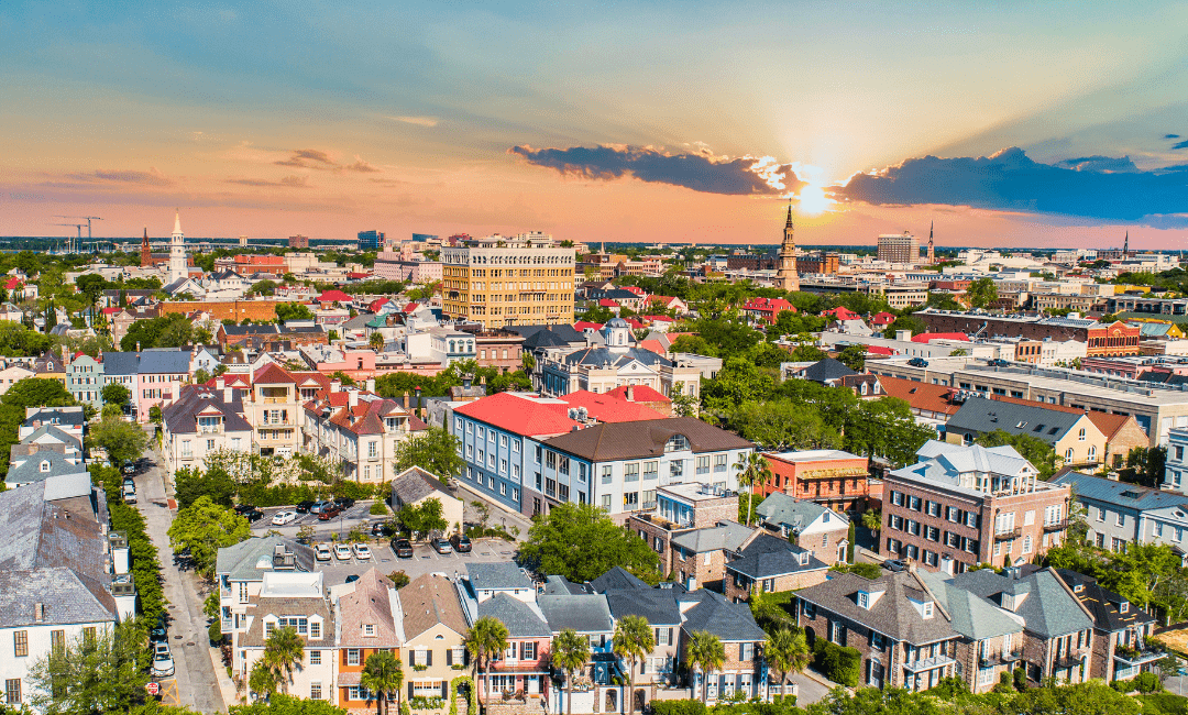 A skyline of Charleston with a vast variety of buildings.