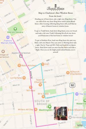 Map of downtown Charleston area that gives a brief route to where you can view windowboxes. ONe route is in pink adn one route is in blue that lead from the hotel. Streets are in a grid format on the map and a variety of places of interests are notated.