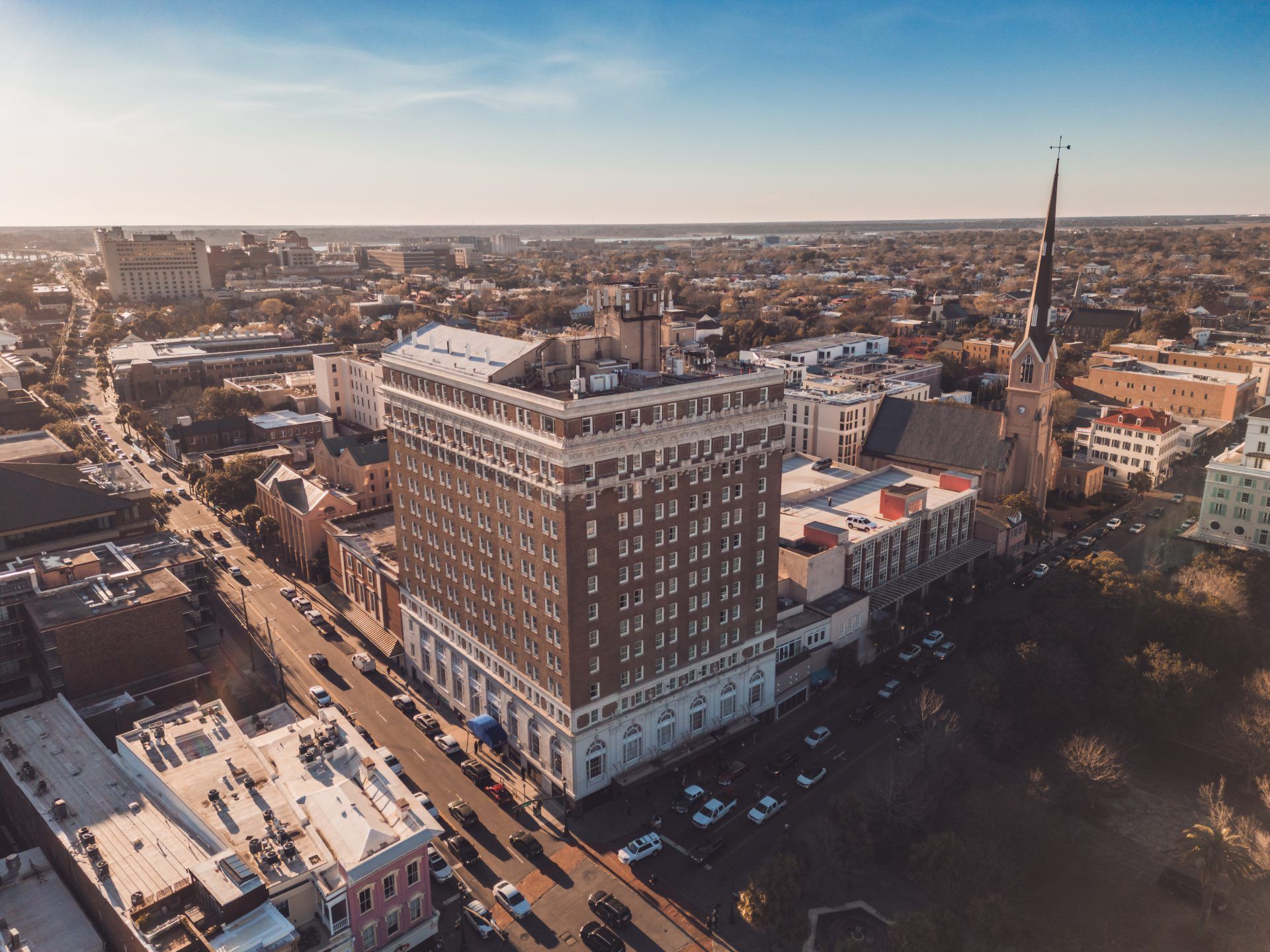 Aerial view of the Francis Marion Hotel in downtown Charleston