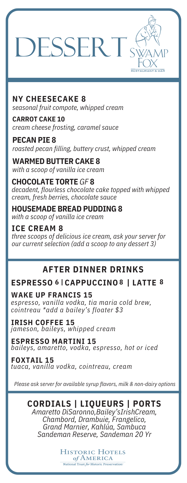 Swamp Fox Dessert Menu