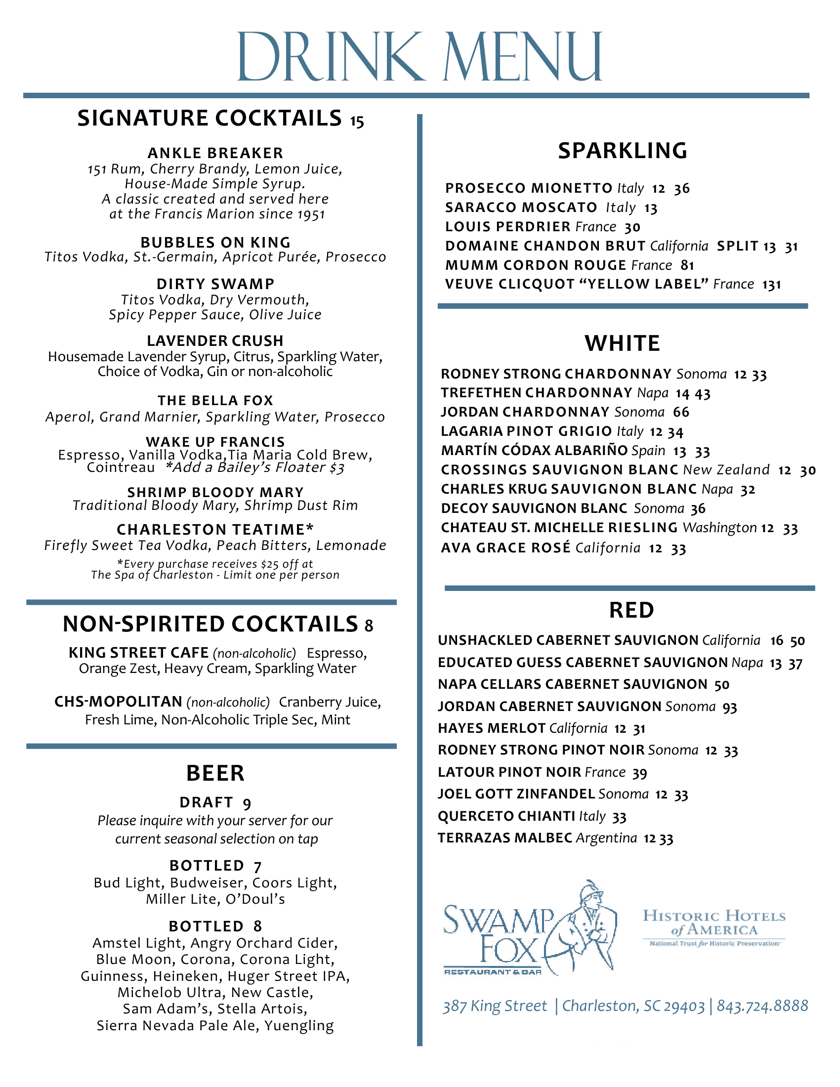 Swamp Fox Lounge Drink Menu